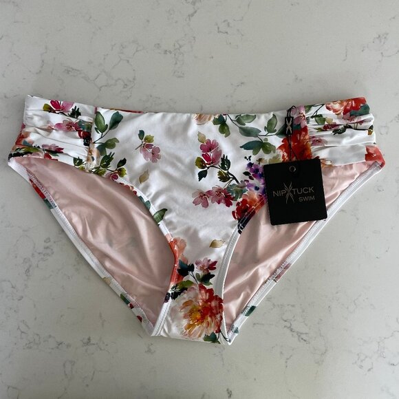 Nip Tuck Swim Floral Nylon Blend Bikini Bottoms w Side Ruching Detail Sz 10 NWT - Picture 1 of 10